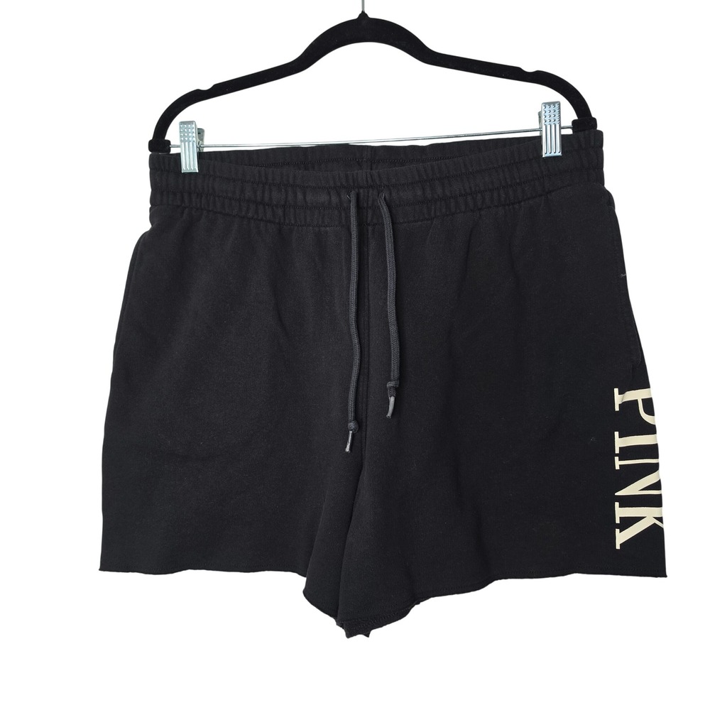 PINK Victoria's Secret Shorts Women L Black Logo Raw Hem Pockets 852508-QC5